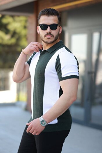 Wear Up Men's Short Sleeve Polo Collar Block Print Knitwear Blouse