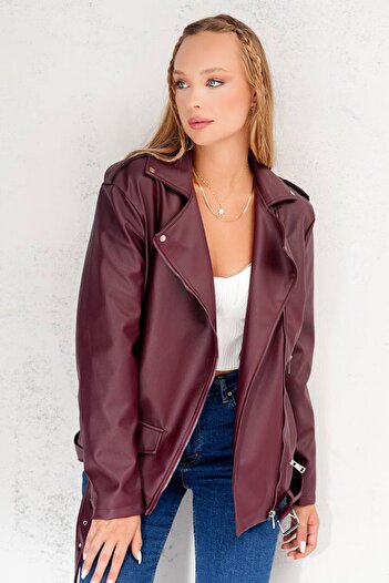 VAGGON Women's Burgundy Zipper Detailed Long Faux Leather Jacket Vs01272