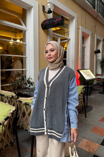 LOCCO Cardigan cu detalii din denim pentru femei, gri