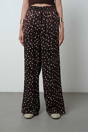 Orfeo Negro Women's Polka Dot Patterned Brown Jacquard Wide Leg Patterned Trousers