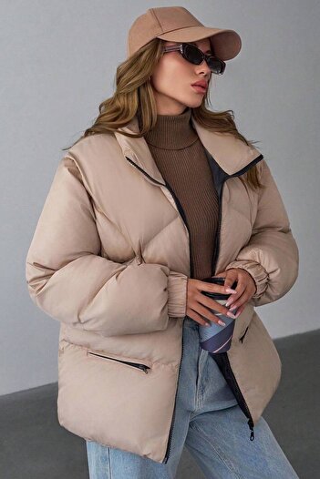VAGGON Women's Beige Zippered Pocket Puffer Coat Vs01266