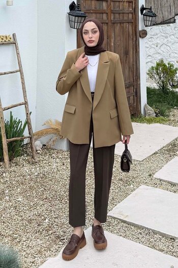 lamelif Striped Lined Hijab Jacket Khaki
