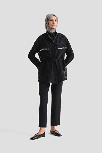 Armine Stone Embroidered Hidden Zipper Jacket 25Yt508 - Black