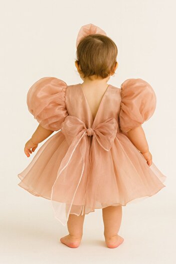 Hobidik Baby Powder Color Tulle Baby Girl Dress |   Puffy Sleeves Special Occasion Dress + Bow Headband