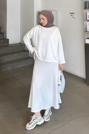 lamelif Crystal Flared Skirt Hijab White