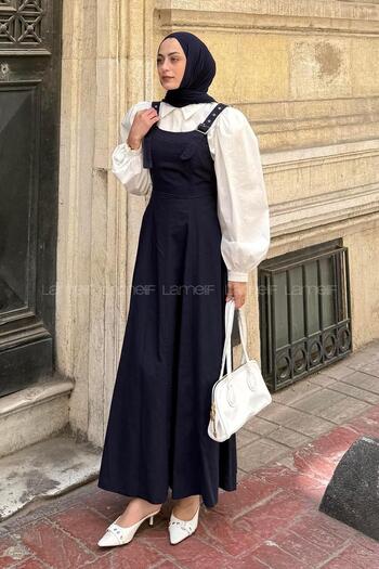 lamelif Gabardine Hijab with Straps Navy Blue