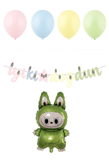 Party City Green Labubu Themed Birthday Balloon Set – Soft Color Balloons + Foil Balloon + Banner