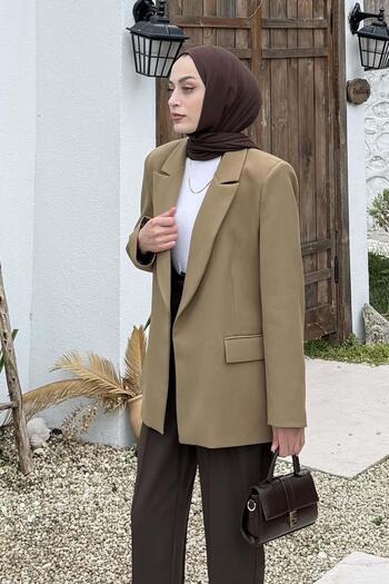 lamelif Striped Lined Hijab Jacket Khaki