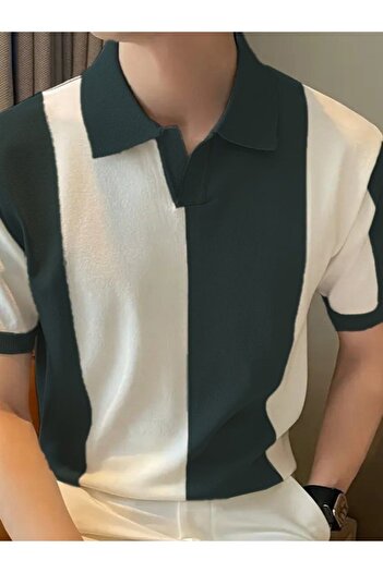 Wear Up Men's Short Sleeve Polo Collar Block Print Knitwear Blouse