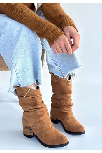 BESKAR Canty Tan Suede Bellows Heeled Boots