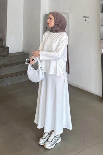 lamelif Crystal Flared Skirt Hijab White