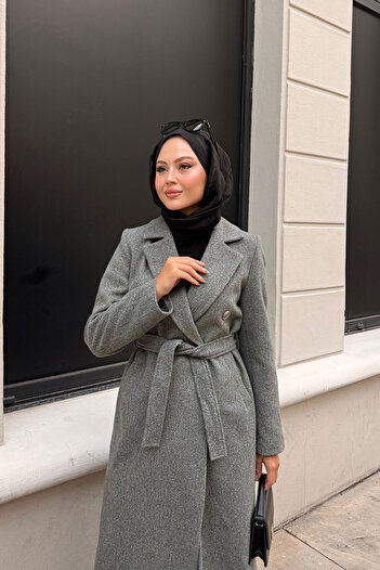 LOCCO Women's Medium Length Cashmere Coat with Buttons and Waist Tie, Smoked