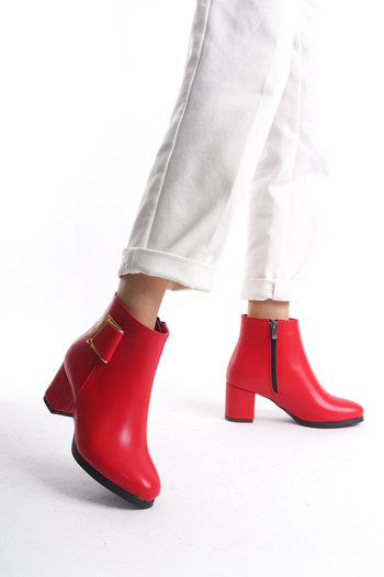 LUPİN SHOES Women's Alora Red Leather Buckle Detailed Heeled Boots