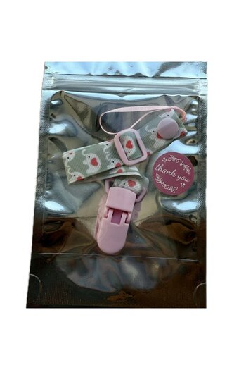OEM Pacifier chain made of textile material, with food-grade plastic clips, BPA-free, pink/gray
