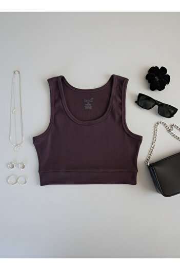 Hmd Women's Brown U-Neck Strappy Crop Camisole Bustier Tank Top |   Cotton Thick Ribbed 92% Cotton
