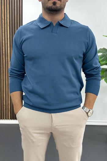 Edwox Men's Open Collar Plain Pattern Regular Fit Sweater Petrol Edw423