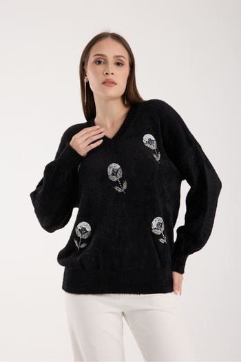 Moda Days Women's Black Beard Yarn Balloon Sleeve Bead Embroidered V-Neck Knitwear Sweater