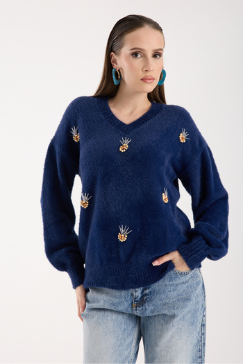 Moda Days Women's Dark Navy Beard Yarn Front Accessory Balloon Sleeve V-Neck Knit Sweater