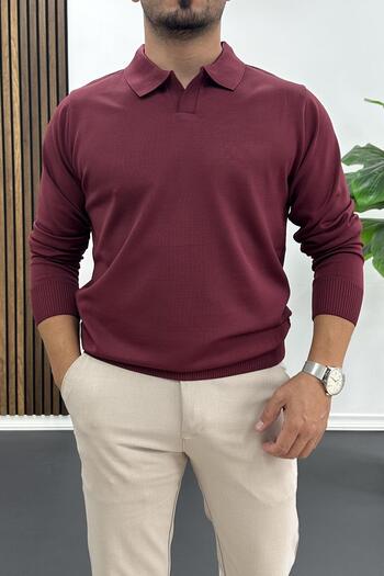 Edwox Men's Open Collar Plain Pattern Regular Fit Sweater Burgundy Edw423