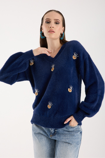 Moda Days Women's Dark Navy Beard Yarn Front Accessory Balloon Sleeve V-Neck Knit Sweater