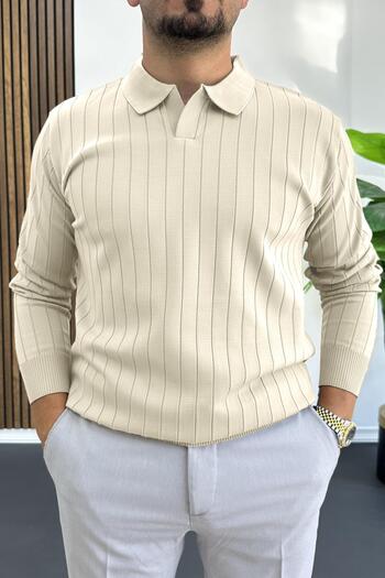 Edwox Men's Open Collar Regular Fit Sweater Cream Edw412