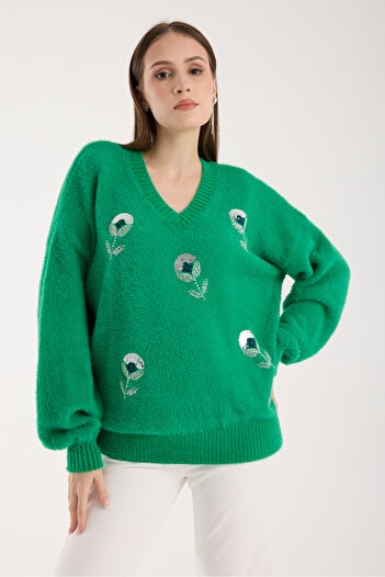Moda Days Women's Green Beard Yarn Balloon Sleeve Bead Embroidered V-Neck Knitwear Sweater