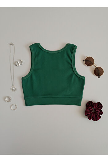 Hmd Women's Green U-Neck Strappy Crop Camisole Bustier Tank Top |   Cotton Thick Ribbed 92% Cotton |   Daily