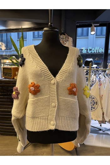 QUSİ Women's Floral Detailed Long Sleeve Cotton Buttoned Sweater Cardigan