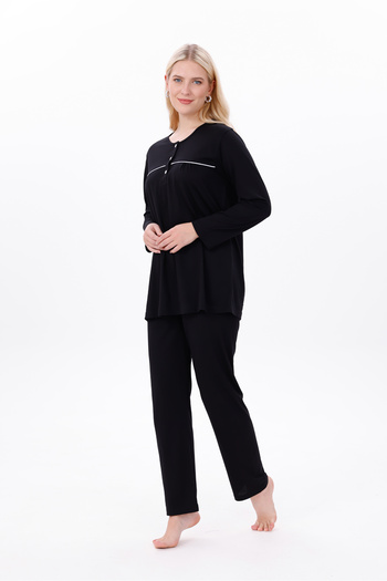 Mio Vero Women's Black Ribbed Long Sleeve Cotton Plus Size (Oversized) Pajama Set