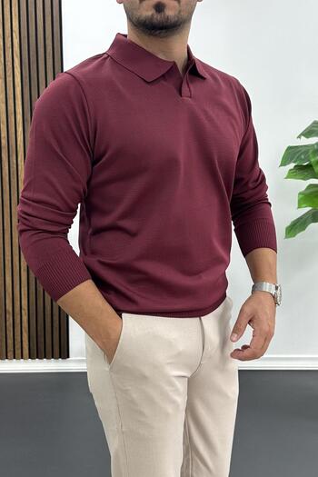 Edwox Men's Open Collar Plain Pattern Regular Fit Sweater Burgundy Edw423