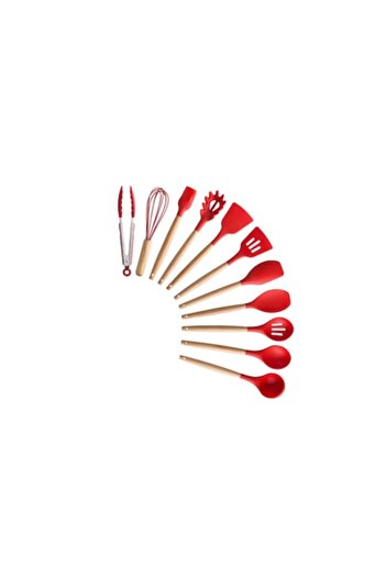 OEM Set 11 kitchen utensils, Non-Stick, Silicone, Wooden Handle, Red