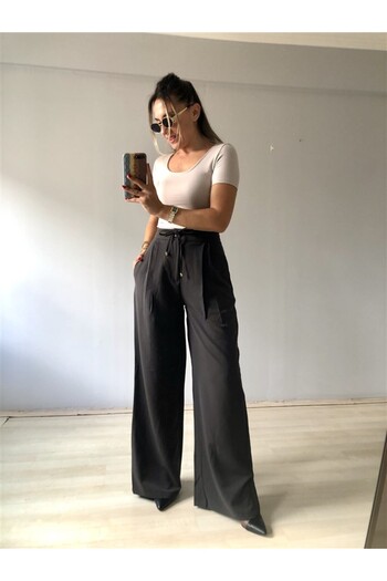 Gözde Tasarım Butik Women's Dark Brown High Waist Loose Wide-Leg Premium Palazzo Polyviscose Fabric Pants