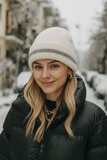 FELLMENS Ecru Glitter Stripe Detailed Women's Beret