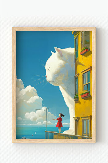 MIOVI Ahşap Çerçeveli Dev Kedi ve Kırmızı Elbiseli Kız Poster – Hayalperest Sanatsal Duvar Dekoru