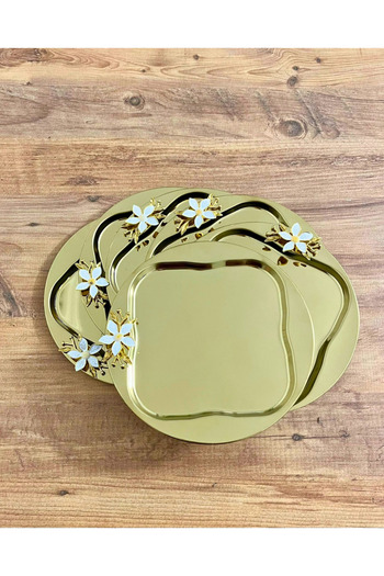 Maglor Luxury 6-Piece Round Gold 23X23 Gold Color Coffee Tray with Daisy Accessories, Presentation Tray