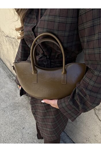 Tina İstanbul Oval Cut Zipper Closure Hand and Shoulder Bag Oil Green