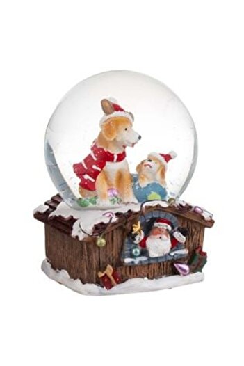Silver Star Musical Christmas Snow Globe Dogs on Brown Base House 13.5 cm