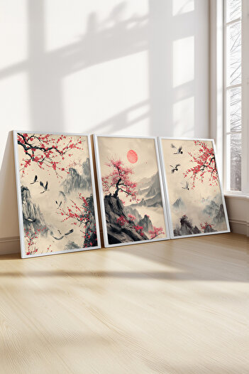 STARYUNA White Framed Oil Painting Effect Sakura Tree Japanese Style 3-Piece Painting Set Yuna75