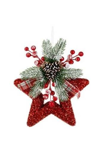 OEMN Christmas Decoration Red Foam Star with Tinsel, Branch & Berries 22 x 26 cm