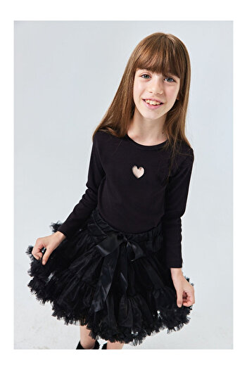 LC Waikiki Black Heart Embroidered Ribbed Girls' T-Shirt