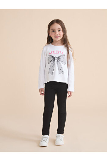 LC Waikiki Crew Neck Bow Printed Girl's T-Shirt
