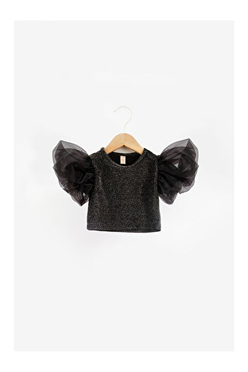 LC Waikiki Black Sleeves Tulle Glitter Girls Crop Blouse