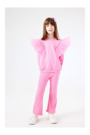 LC Waikiki Pink Shoulder Tulle Detailed Girls' Tracksuit - Malory