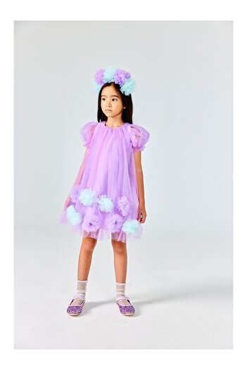 LC Waikiki Lilac Short Sleeve Skirt with Pompom Girls' Dress