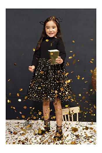 LC Waikiki Black Star Printed Tulle Skirt Girls' Dress - Karen