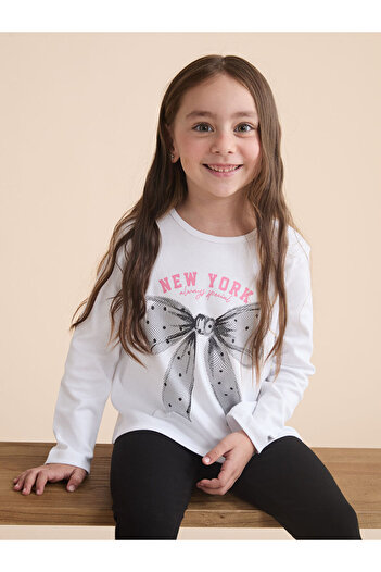 LC Waikiki Crew Neck Bow Printed Girl's T-Shirt