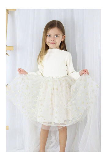 LC Waikiki Ecru Star Printed Tulle Skirt Girls' Dress - Karen