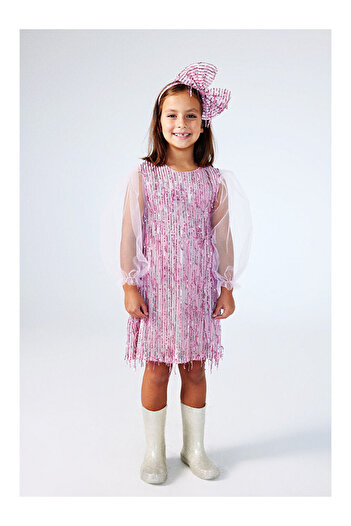 LC Waikiki Pink Sequin Fringe Detailed Girls' Dress - Emery