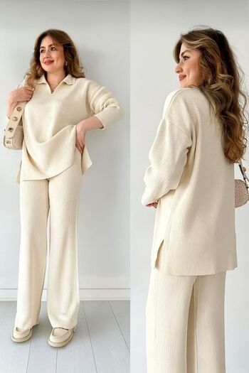 trivvy Women's Knitwear Set Polo Neck Sweater and Trousers