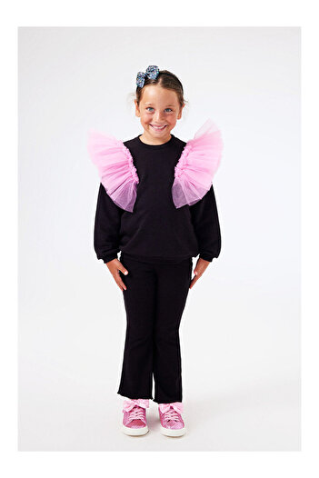 LC Waikiki Black Shoulder Tulle Detailed Girls' Tracksuit - Malory